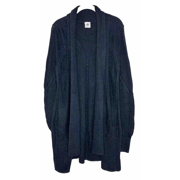 CABI WOMENS NAVY BLUE LONG CARDIGAN OPEN FRONT Waffle Knit SWEATER SZ M - Picture 1 of 7